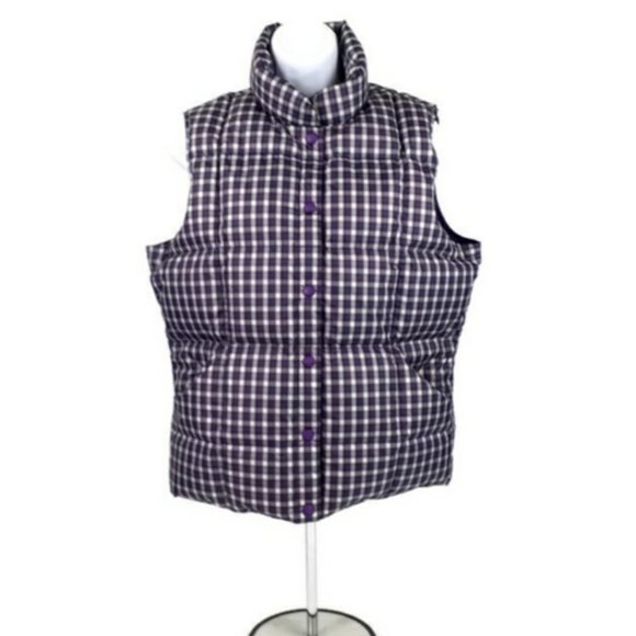 Lands' End Purple Plaid Down Puffer Vest Snap Front Womens Medium 10-12 EUC